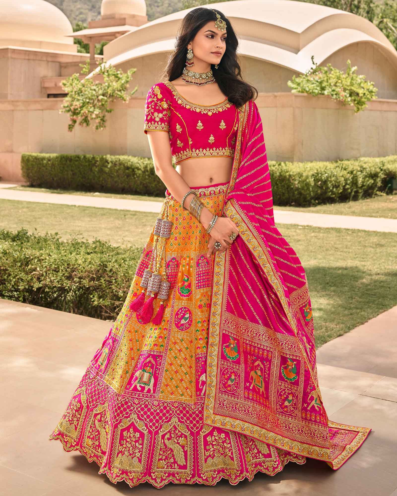 Orange and Pink Silk Woven Lehenga Choli