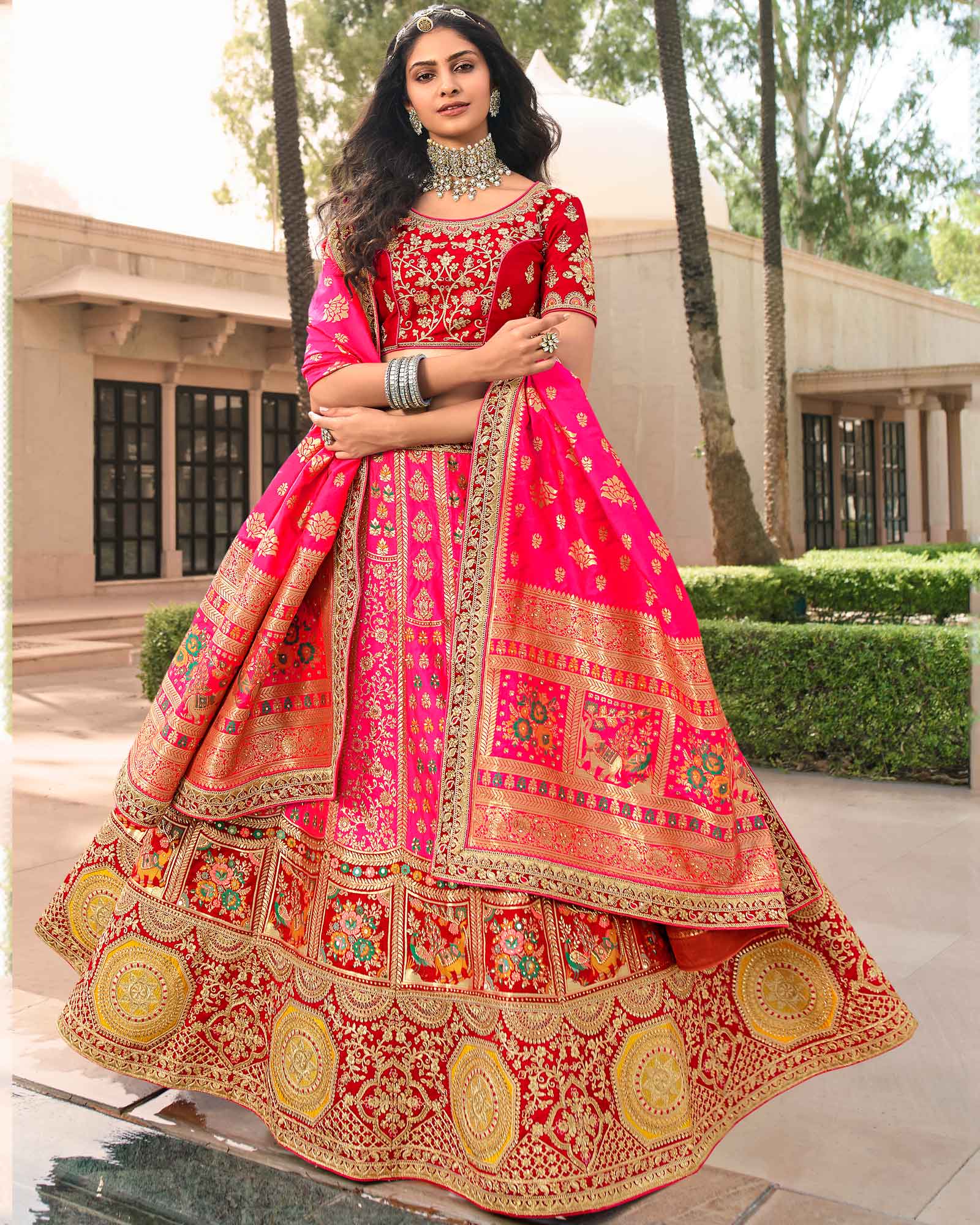 Magenta Pink and Red Silk Woven Lehenga Choli