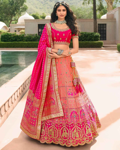 MUGH5009 Pink Semi Stitched Banarasi Brocade Silk Lehenga Choli with Zari &  Resham Elephant Motifs – Chhabra 555