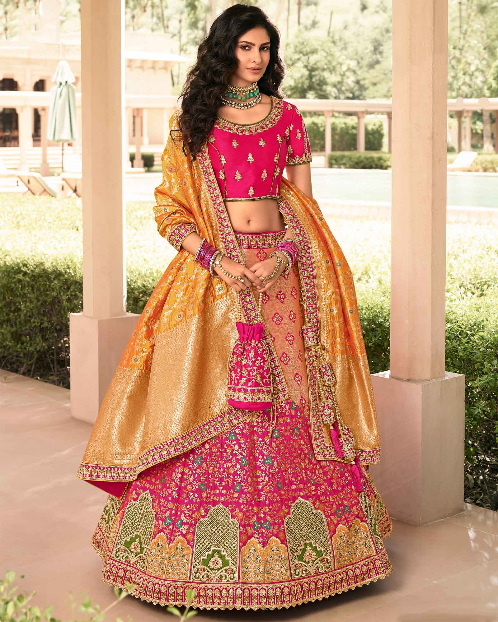 Buy Pink Ethnic Orange Georgette Semi-Stitched Lehenga and Unstitched  Blouse with Dupatta (Set of 3) online