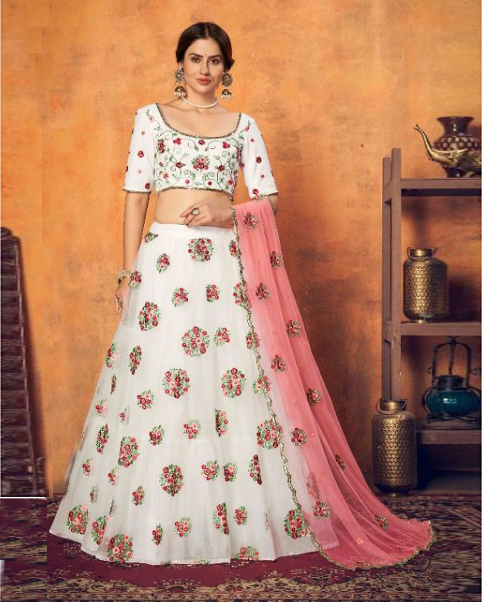 White Multi Thread Floral Embroidered Net Festival Lehenga Choli