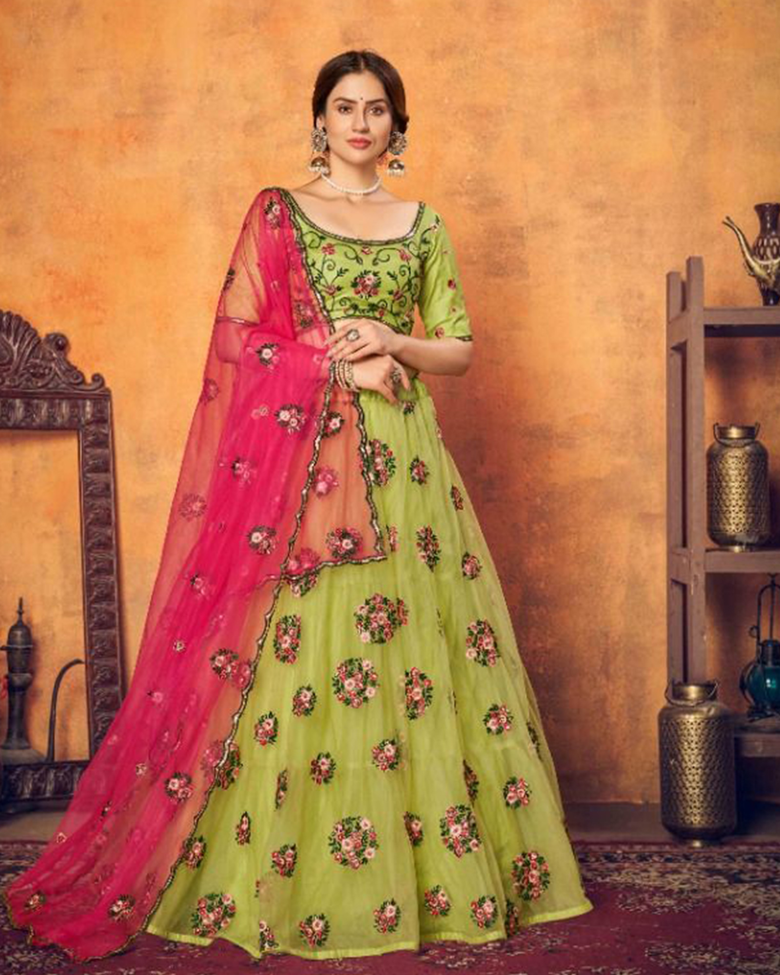 Green Multi Thread Floral Embroidered Net Festival Lehenga Choli