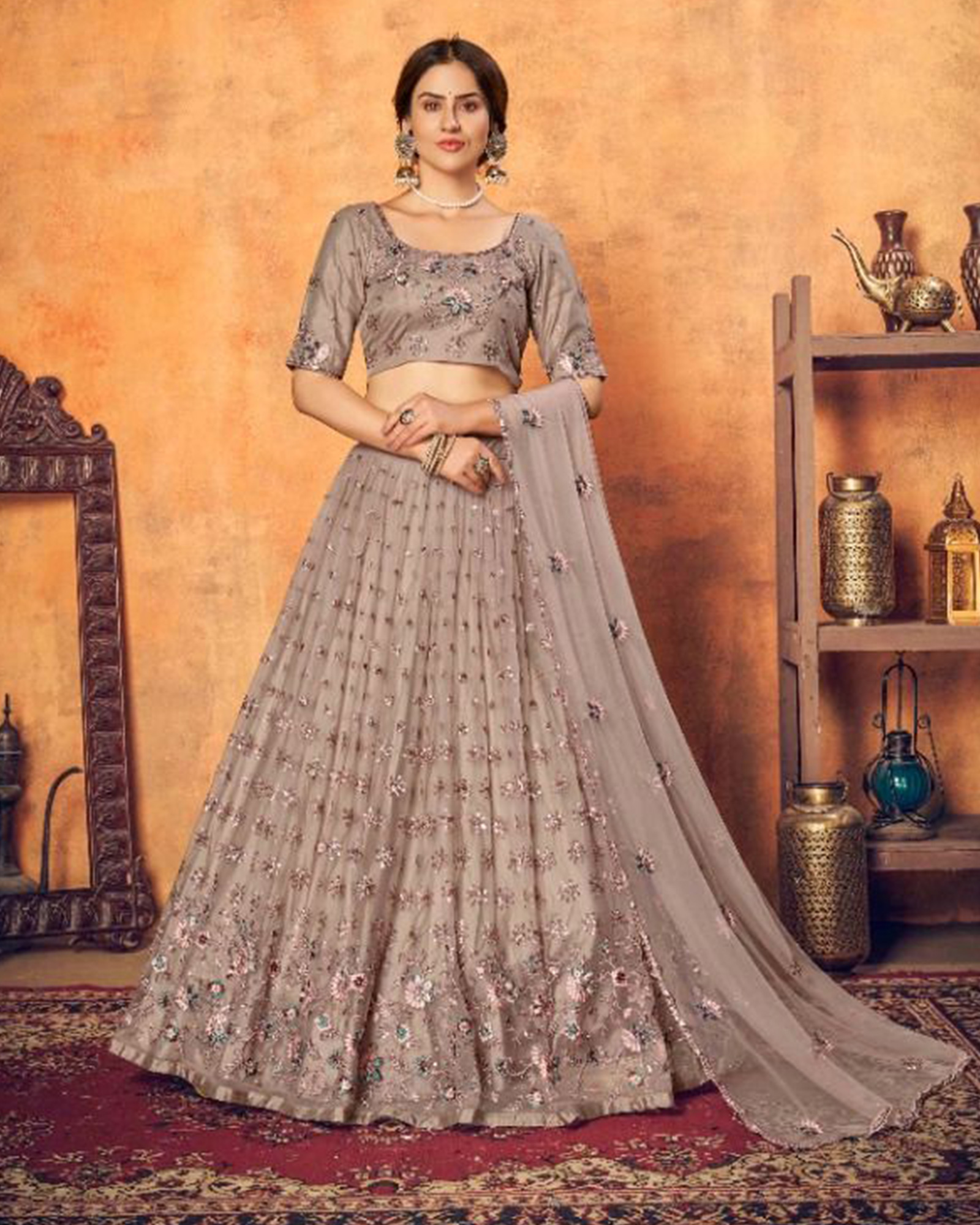 Dusty Brown Thread Embroidered Net Festival Lehenga Choli