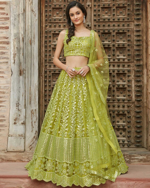 Parrot Green Color Banarasi Silk Lehenga Choli With Resham Work