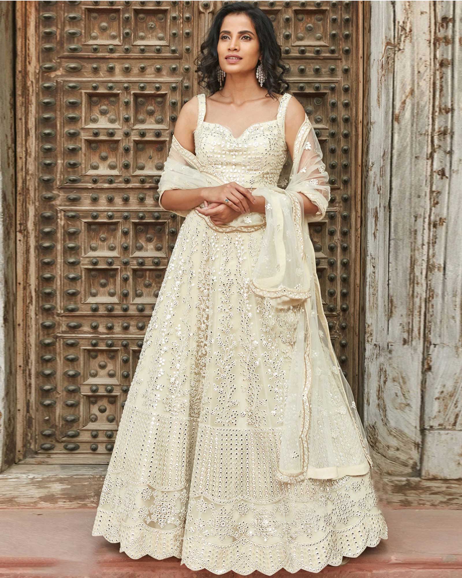 Stunning White Designer Lehenga Choli With Full Mirror