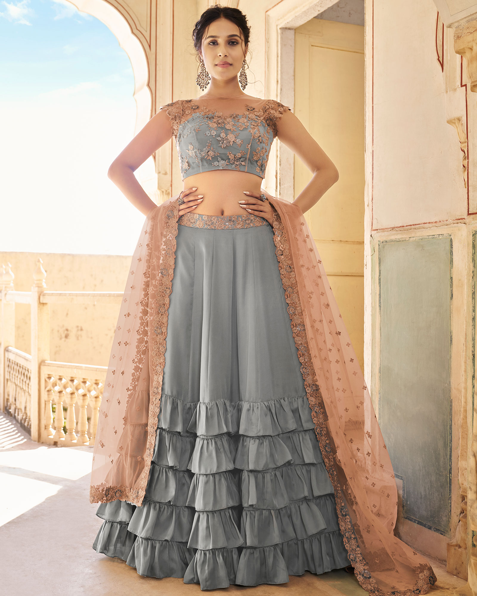 Butterfly Net with Ruffle Sequence Grey Peach Embroidery DESIGNER LEHENGA -  rujave.in