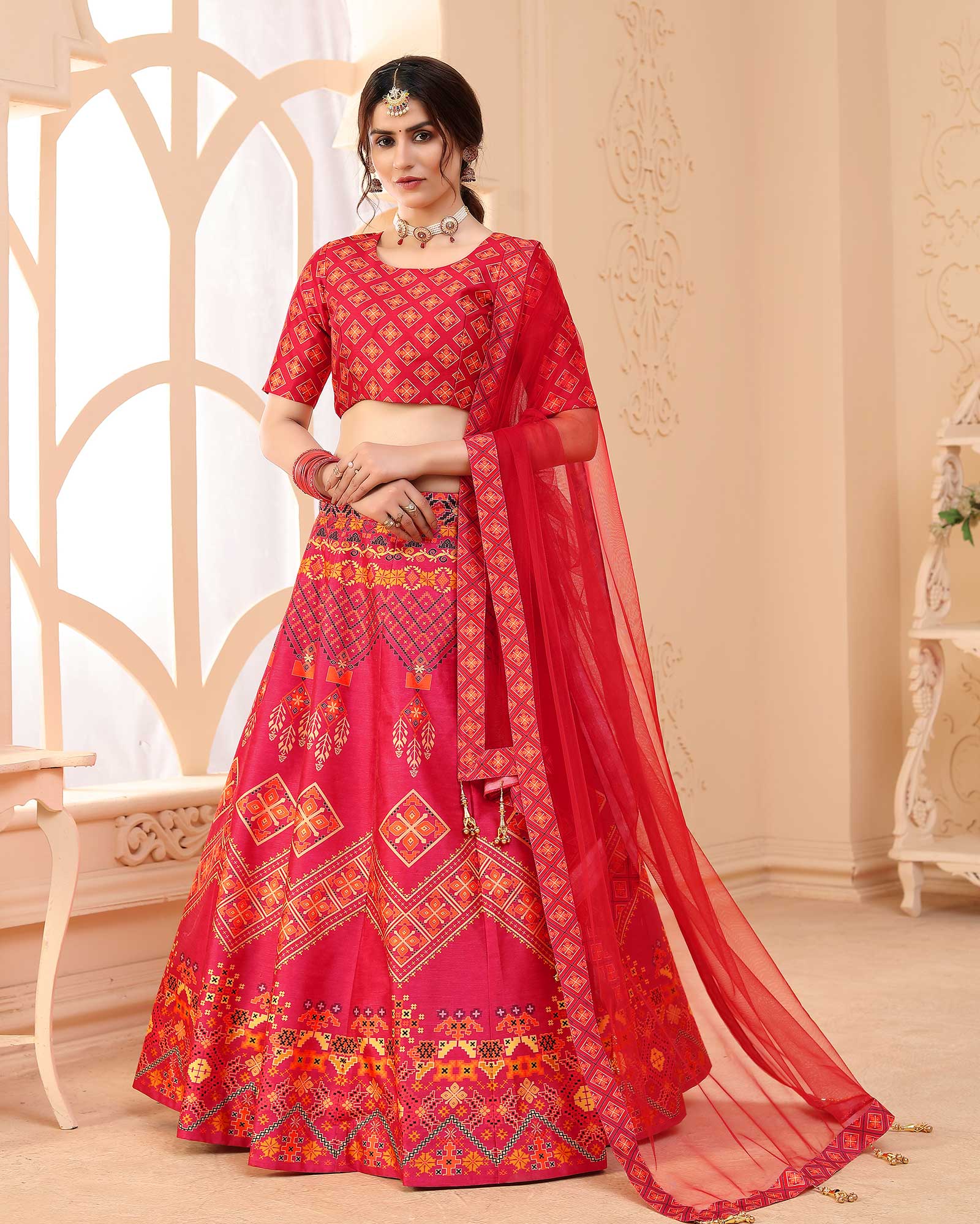 Pink Digital Printed Art Silk Festive Wear Lehenga Choli