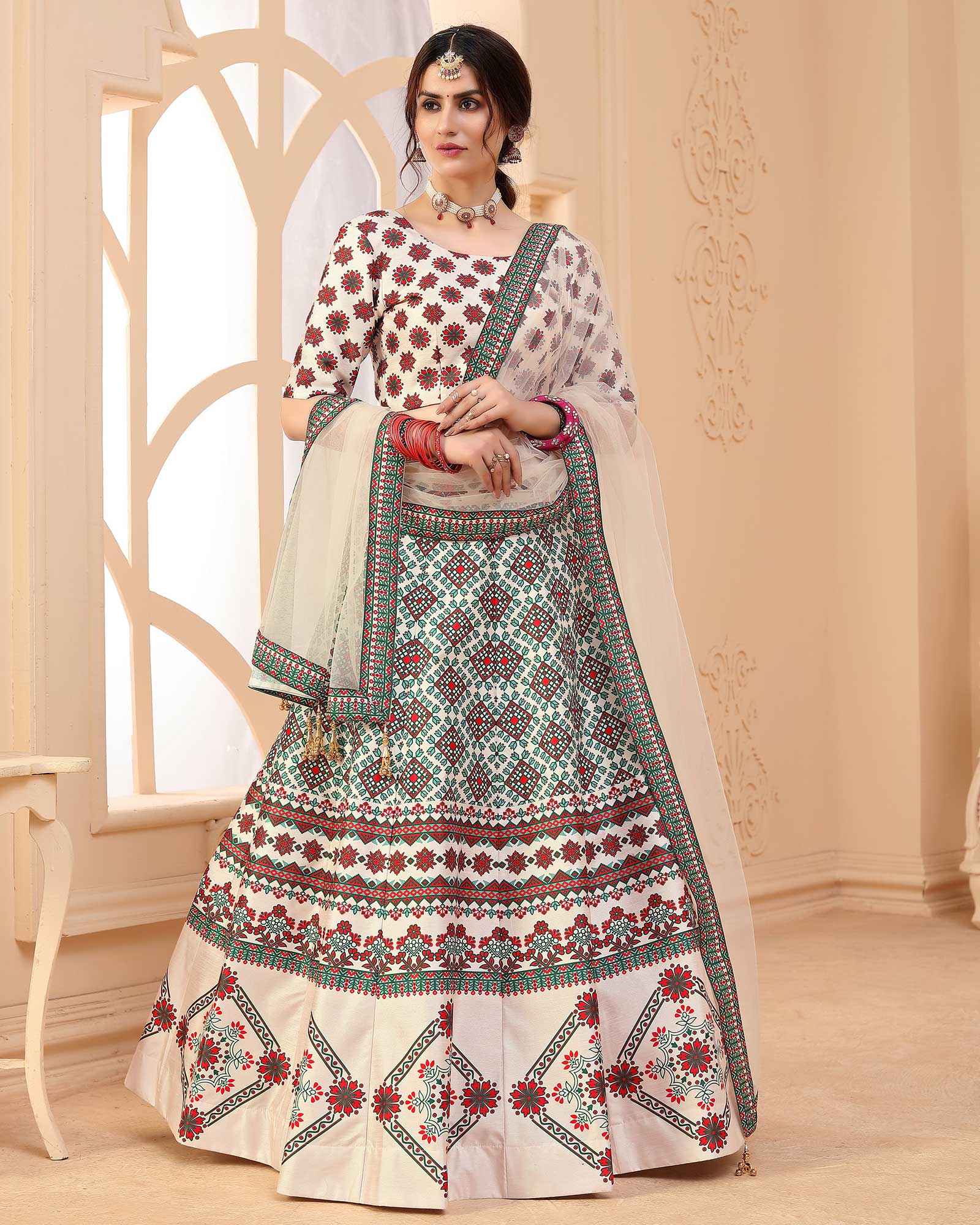 Beige Digital Printed Art Silk Festive Wear Lehenga Choli