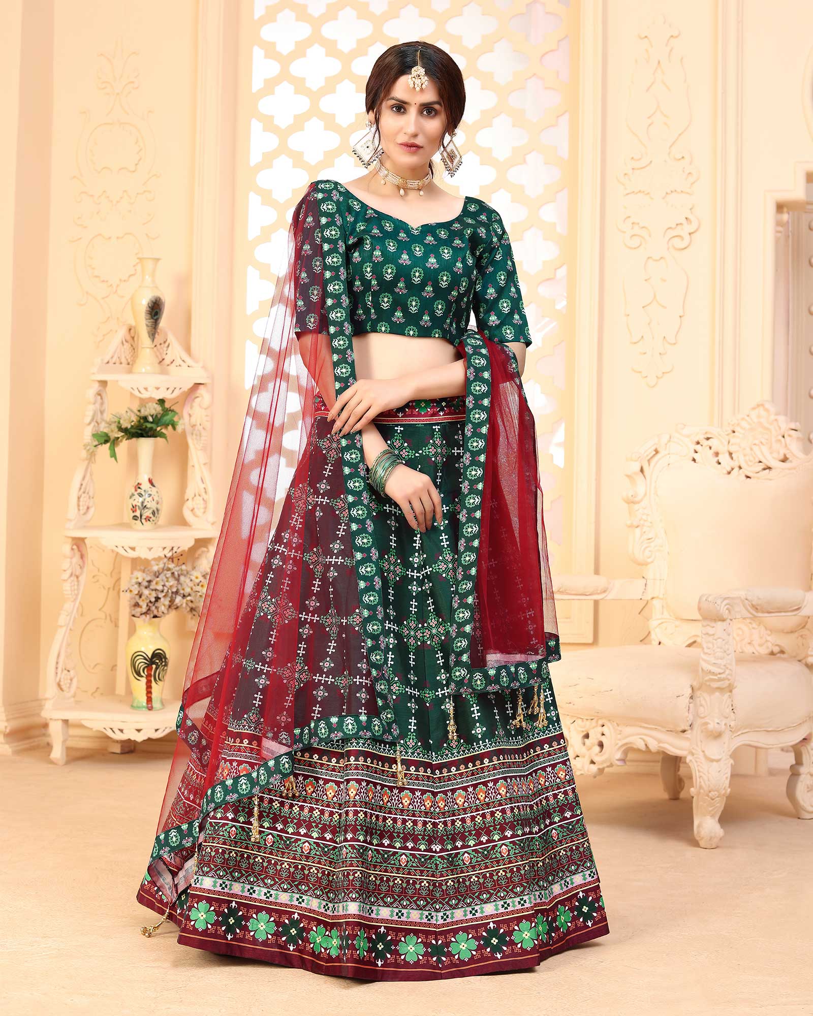 Green Silk Lehenga Choli With Digital Print