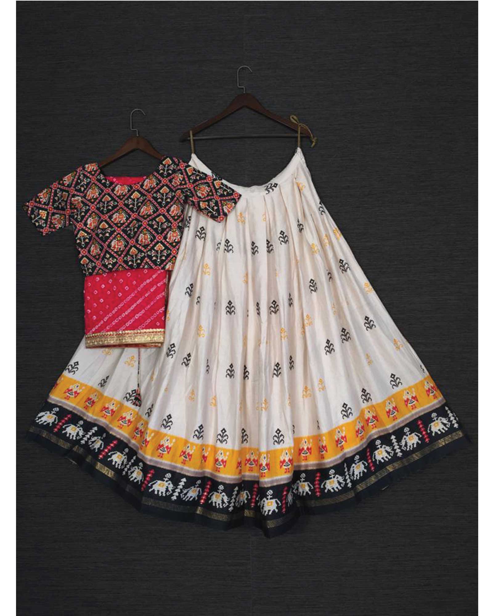 Digital Printed Cotton Lehenga in White and Pink