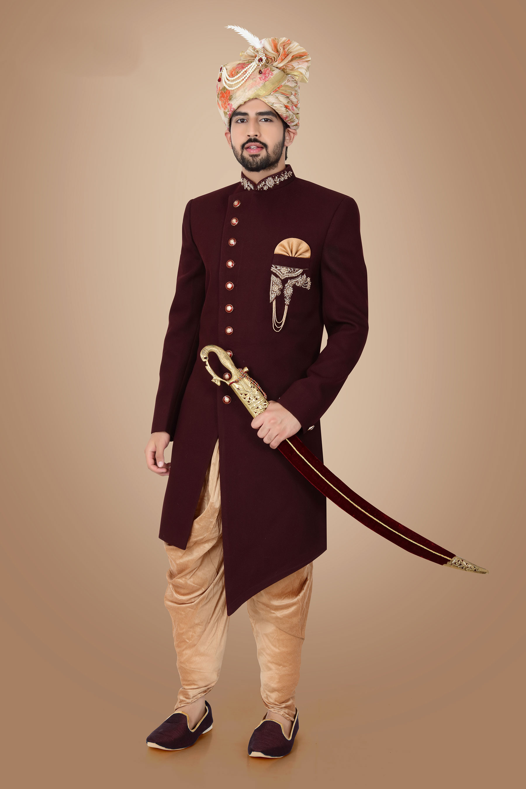 Wine Zardosi Embroidery Italian Indowestern P-94