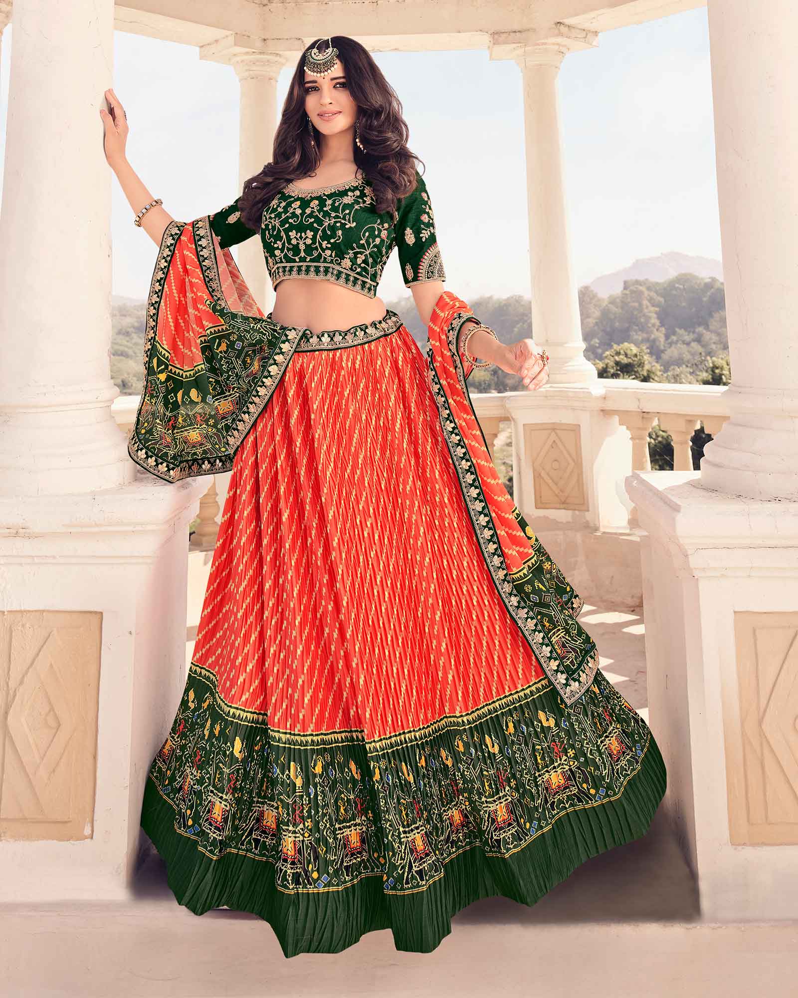 Georgette Laddi Pattern Thread-Sequins Work Orange Lehenga Choli and Cotton  Printed Green Dupatta | Exotic India Art