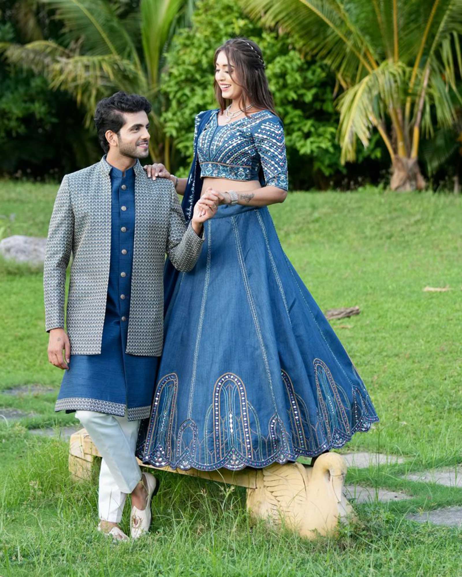 Steel Blue Wedding Wear For Couple