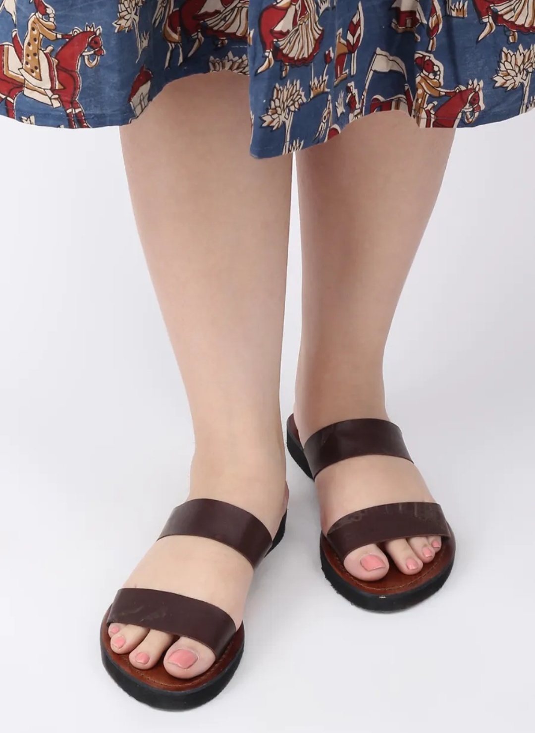Brown Double Strap Solid Slides