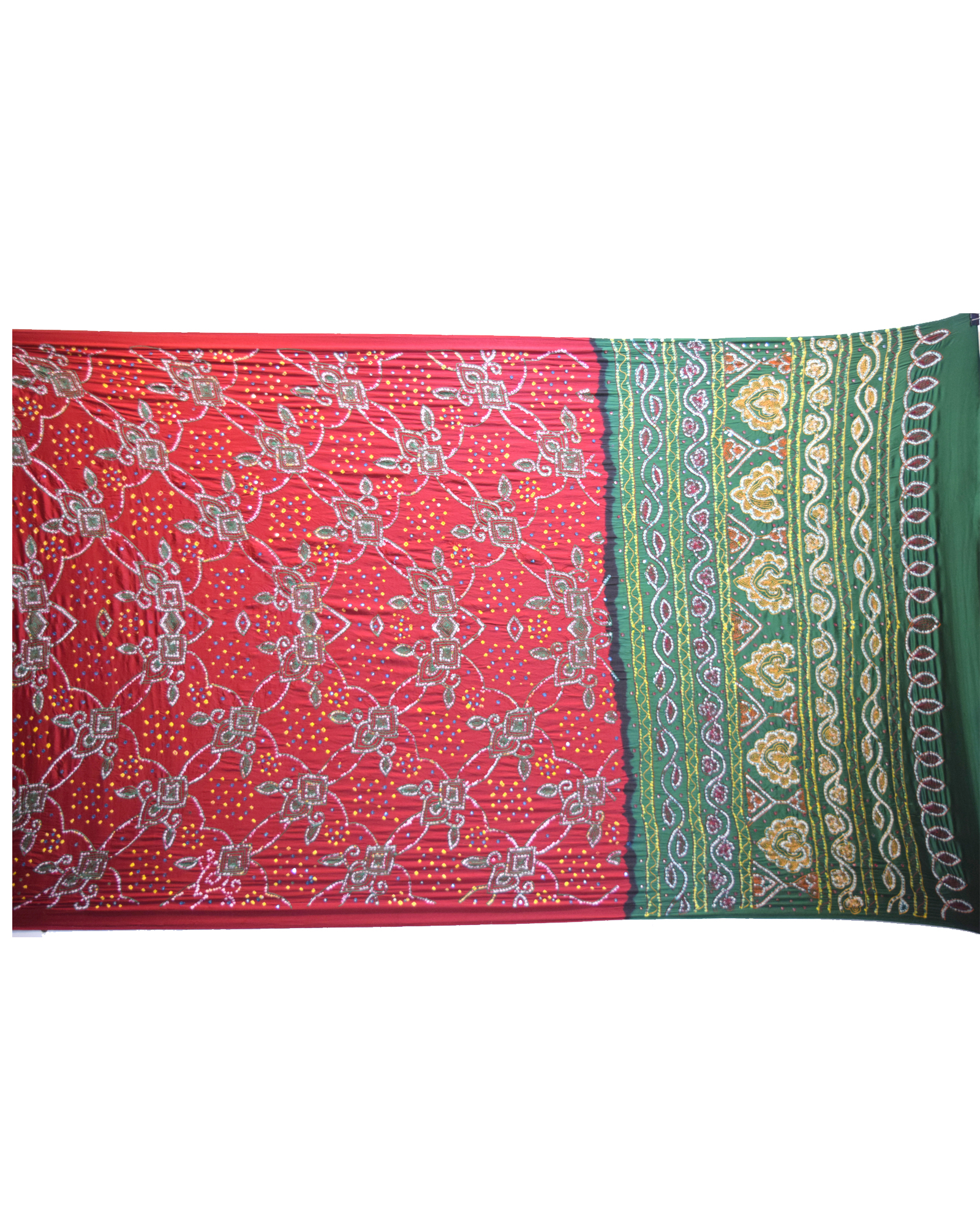 Red And Green Color Thread Work Design Gaji Silk Gharchola