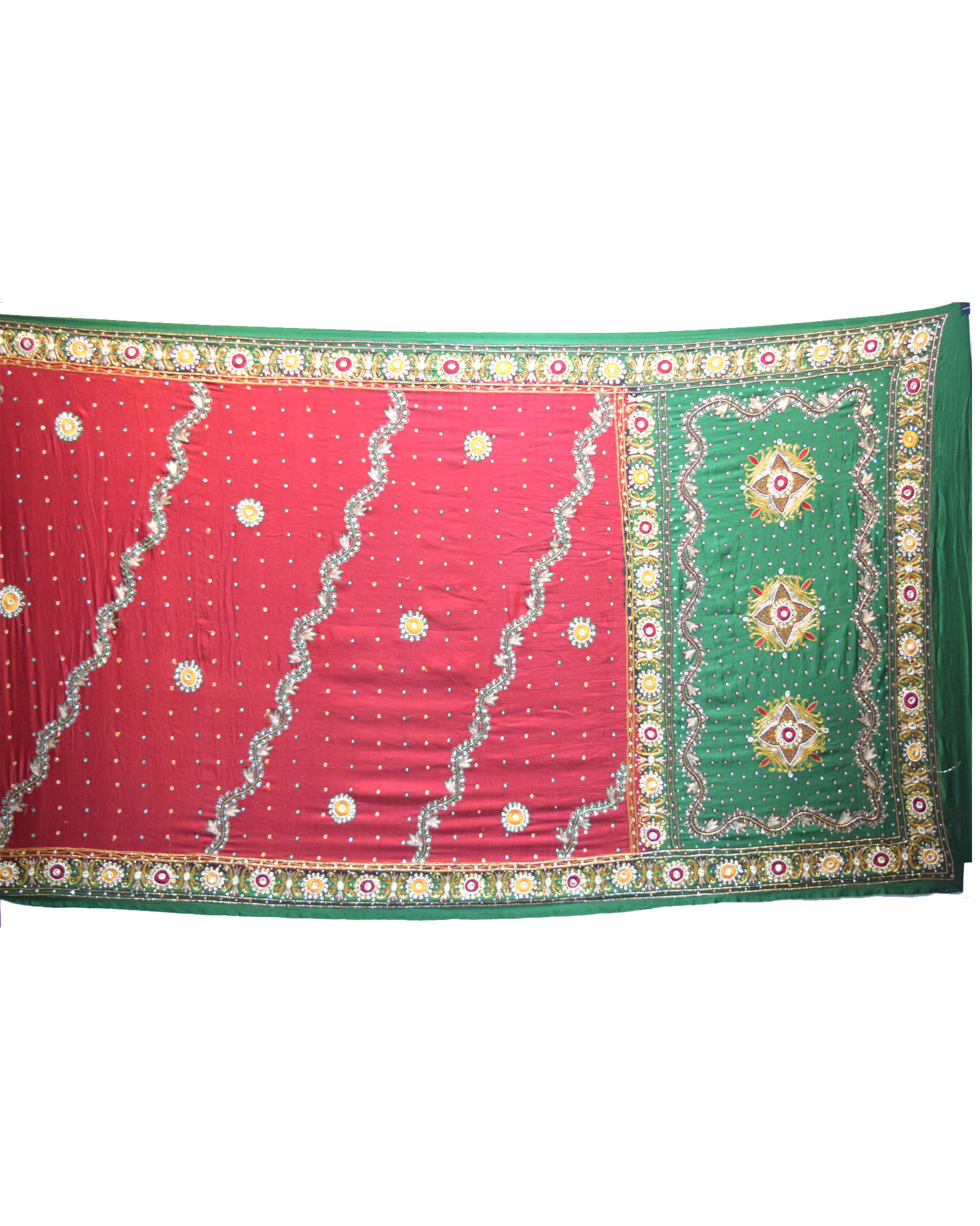 Red And Green Color Diamond Work Gaji Silk Gharchola