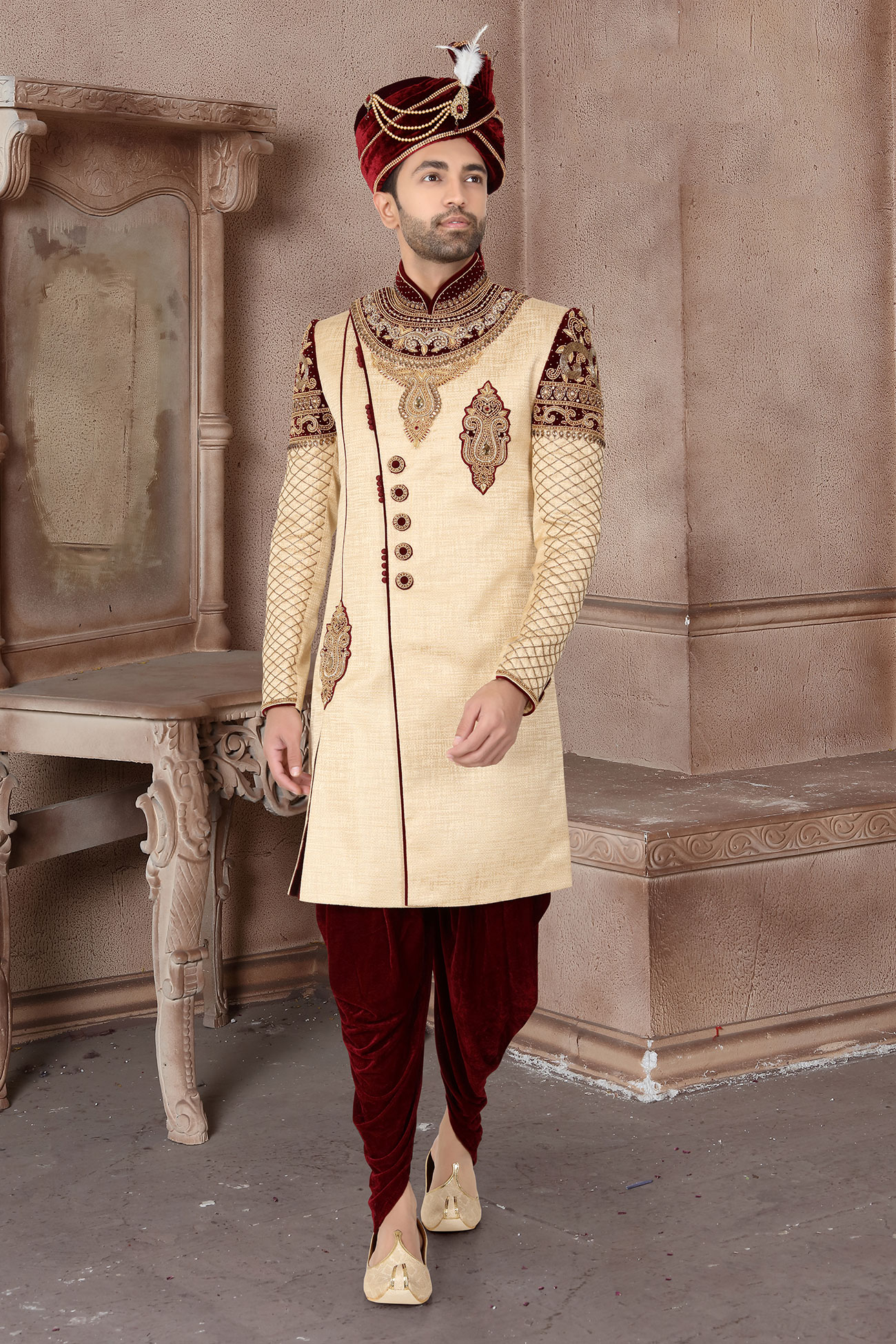 Cream Hand Embroidery Suiting Jute Sherwani D-251