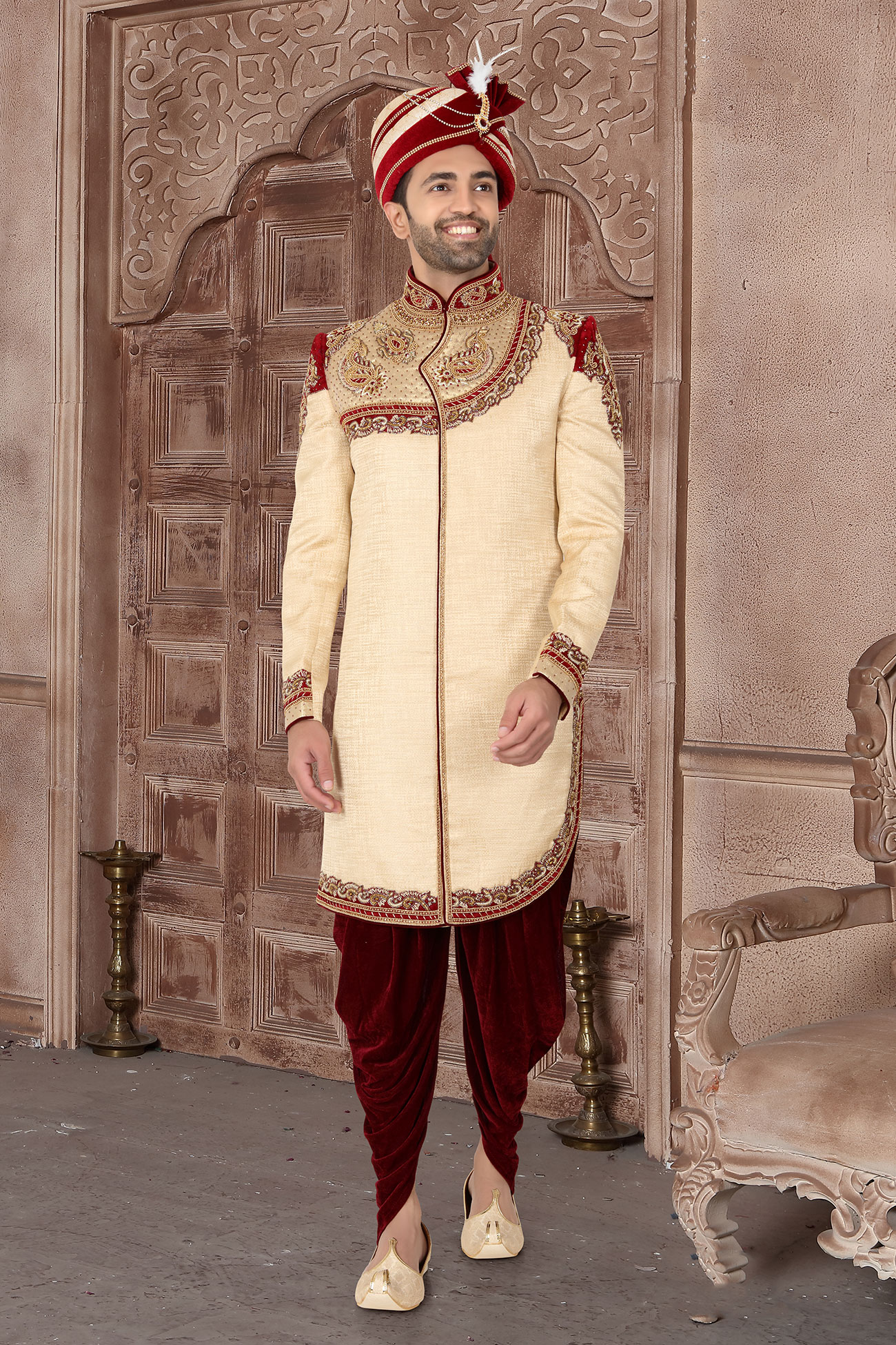 Golden Hand Embroidery Suiting Jute Sherwani D-255