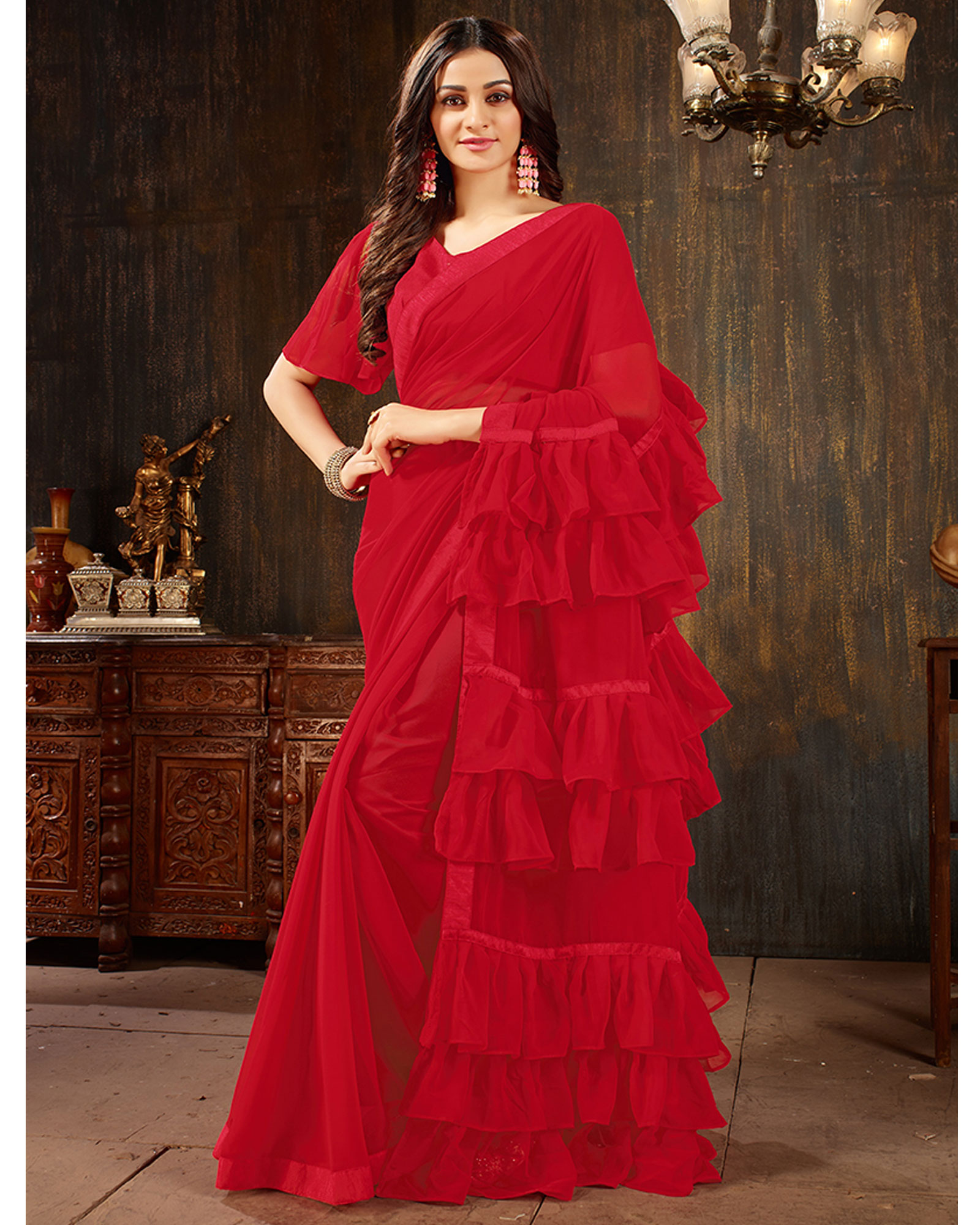 Dark Magenta Color Georgette Ruffled Trendy Saree With Blouse