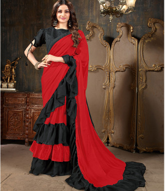 Designer Red & Black Cotton Saree with Ajrakh Combination – Sujatra