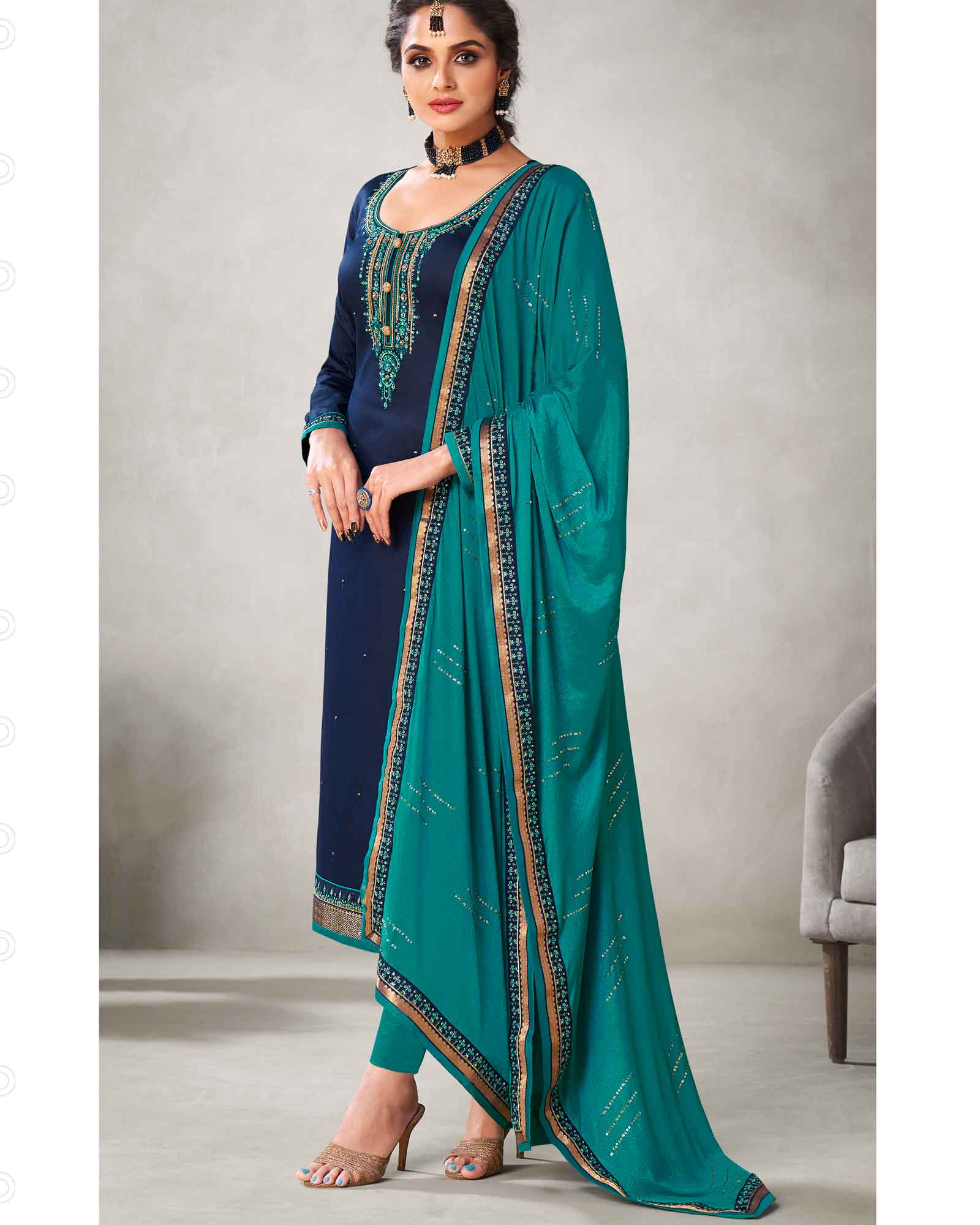 Shagufta Peacock Green Silk Salwar Kameez | Long kurti designs, Kurti neck  designs, Straight cut dress