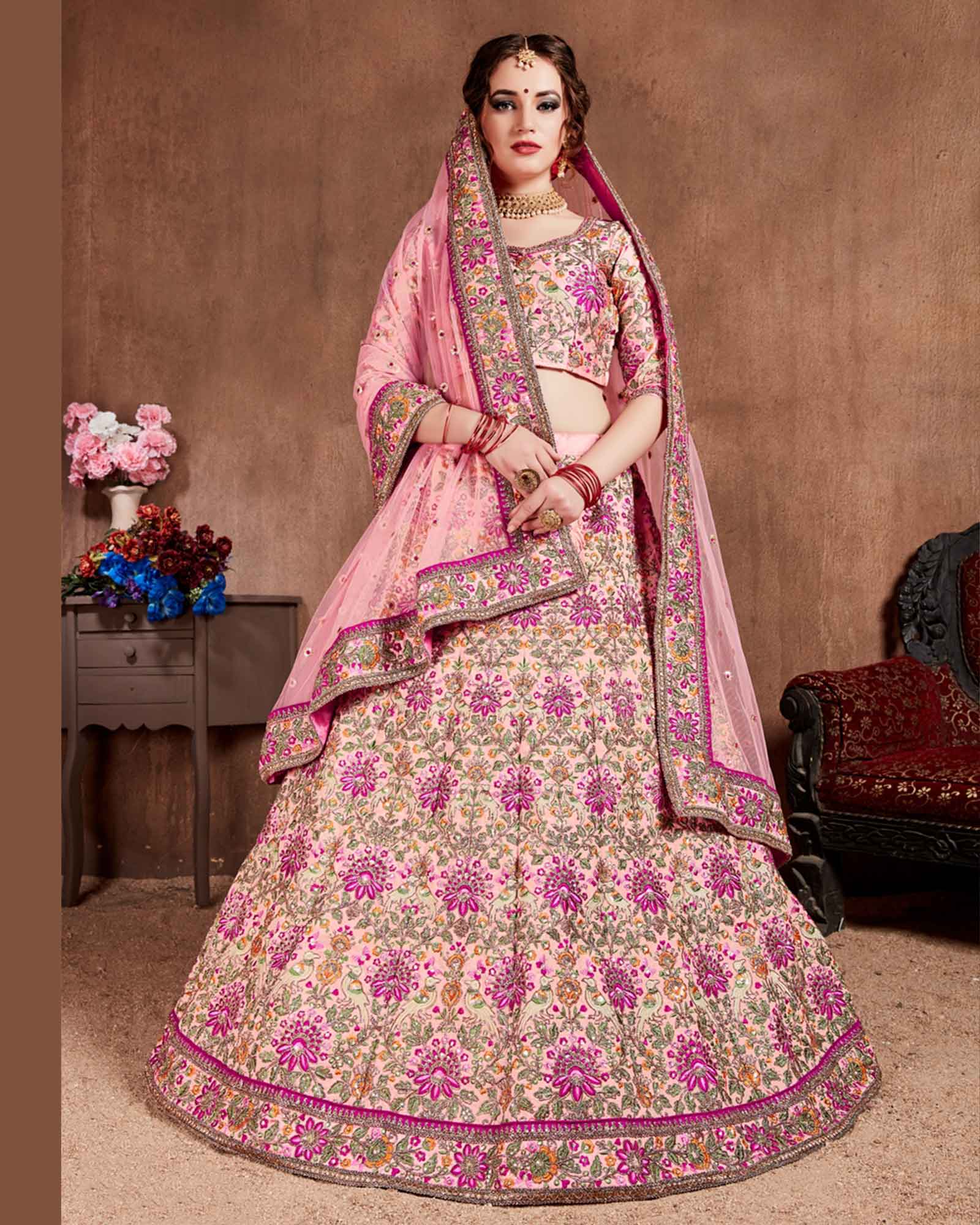 Rani Pink Heavy Multi Embroidered Velvet Bridal Lehenga – Maharani