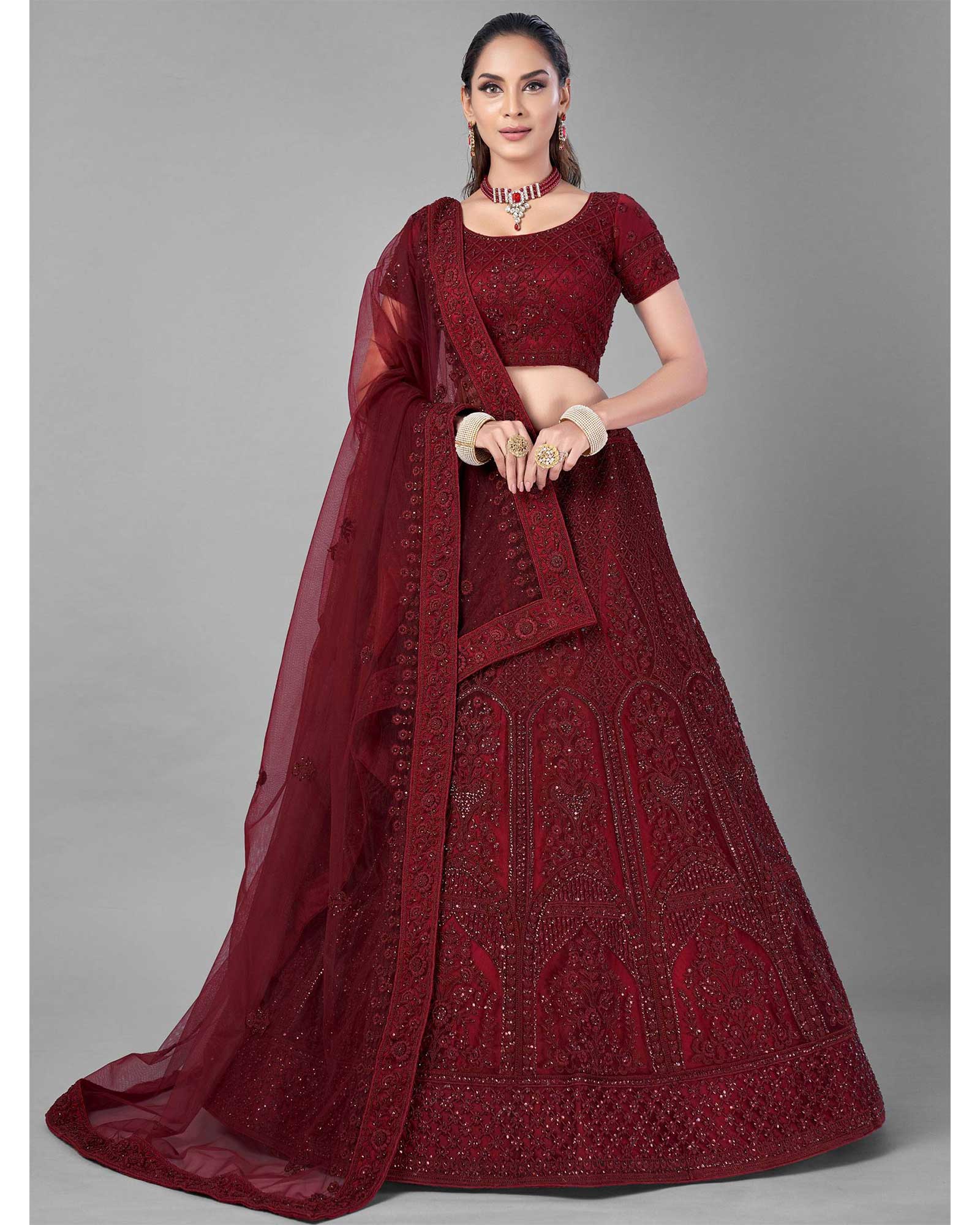 Embroidered Georgette Lehenga in Maroon : LJN1726