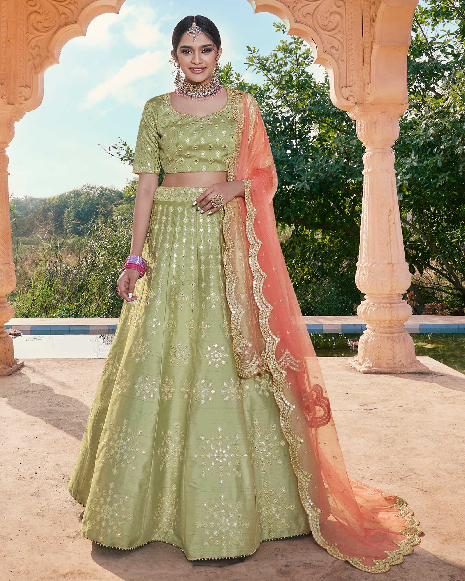 Silk Wedding Lehenga in Green and Peach | Party wear lehenga, Pink lehenga, Green  lehenga
